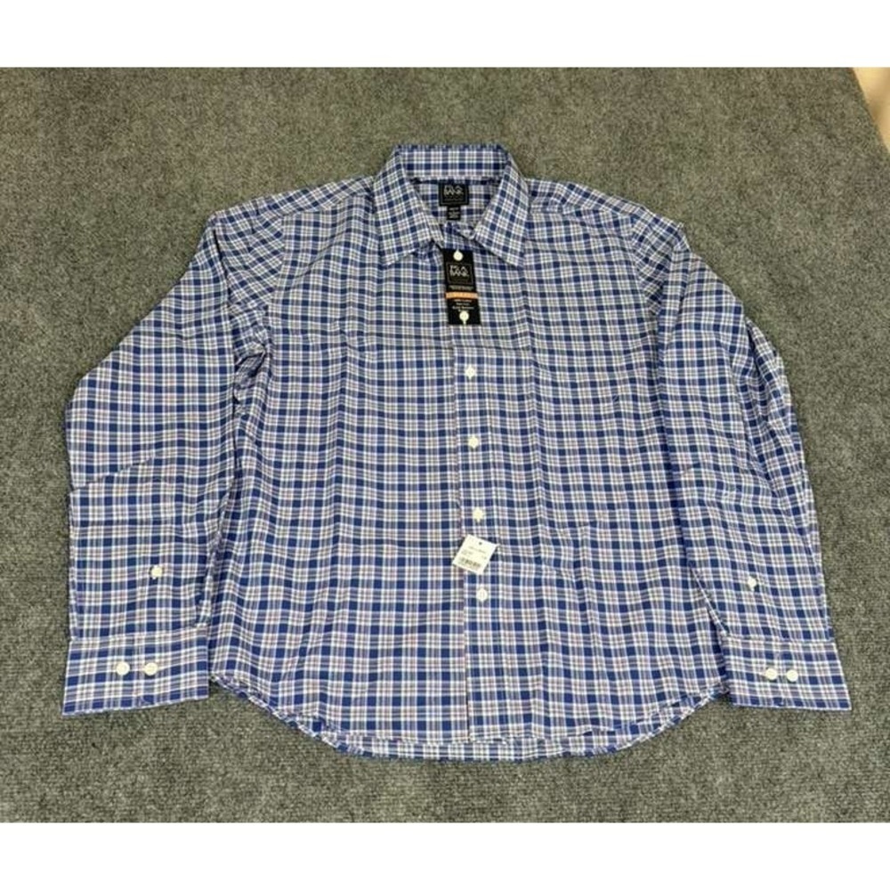 NWT Jos A Bank Traveler Mens Button Up Shirt Blue Plaid SLim Fit Cotton Size L